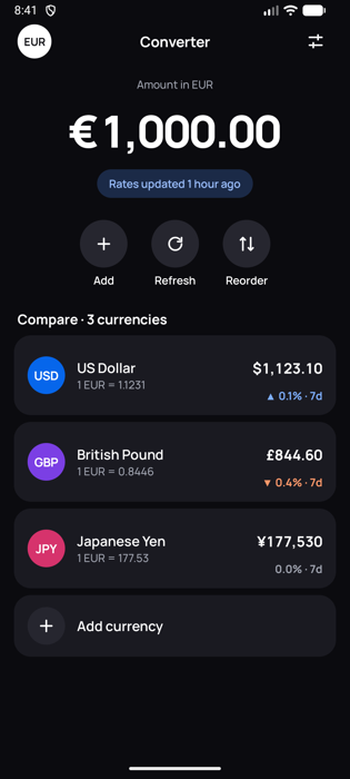 Devisa converter in dark mode